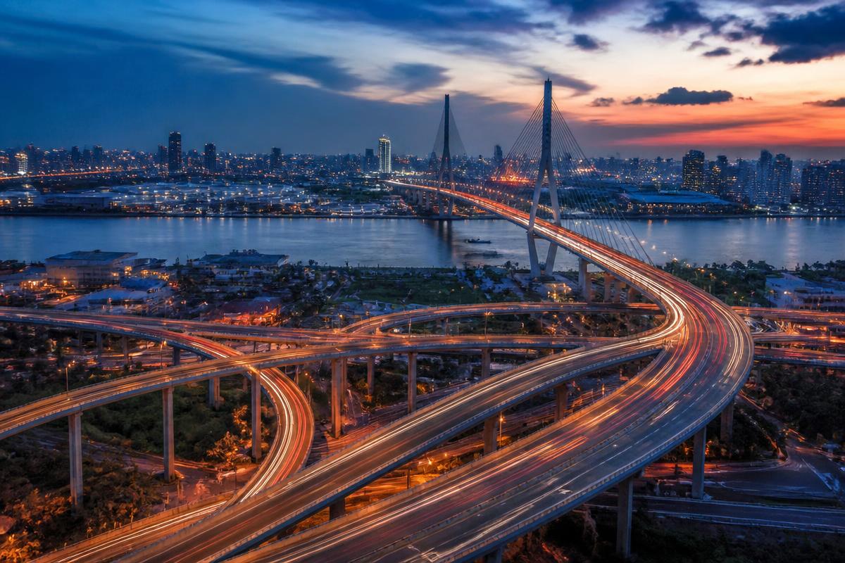 Aerial view of a multi-level highway interchange and bridge